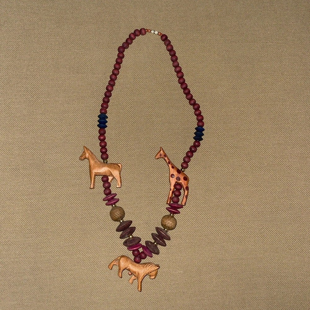 Vintage African Safari Carved Wooden Beaded Necklace